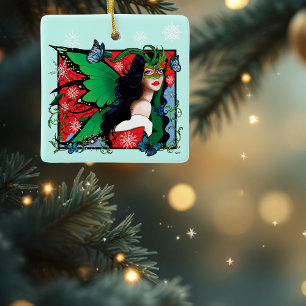 Vibrant Green Fantasy Masquerade Fairy Christmas Ceramic Ornament