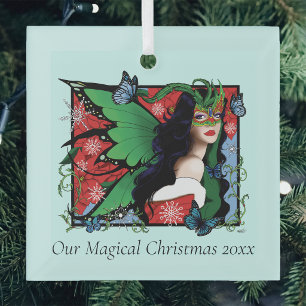 Vibrant Green Fantasy Masquerade Fairy Christmas Glass Ornament