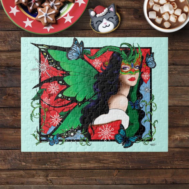 Vibrant Green Fantasy Masquerade Fairy Christmas Jigsaw Puzzle (Creator Uploaded)