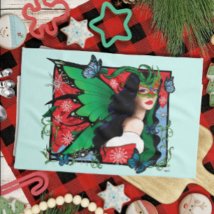 Vibrant Green Fantasy Masquerade Fairy Christmas Kitchen Towel