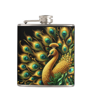 Vibrant green feathers of a majestic peacock hip flask