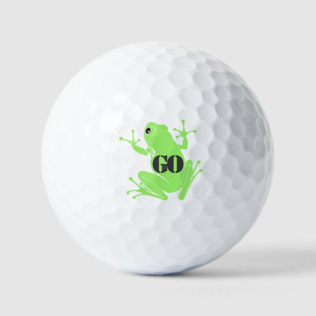 Vibrant Green Frog Illustration "GO" Custom  Golf Balls (Front)