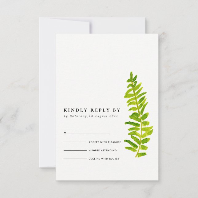 VIBRANT GREEN GOLD WATERCOLOUR FERN FOLIAGE RSVP (Front)