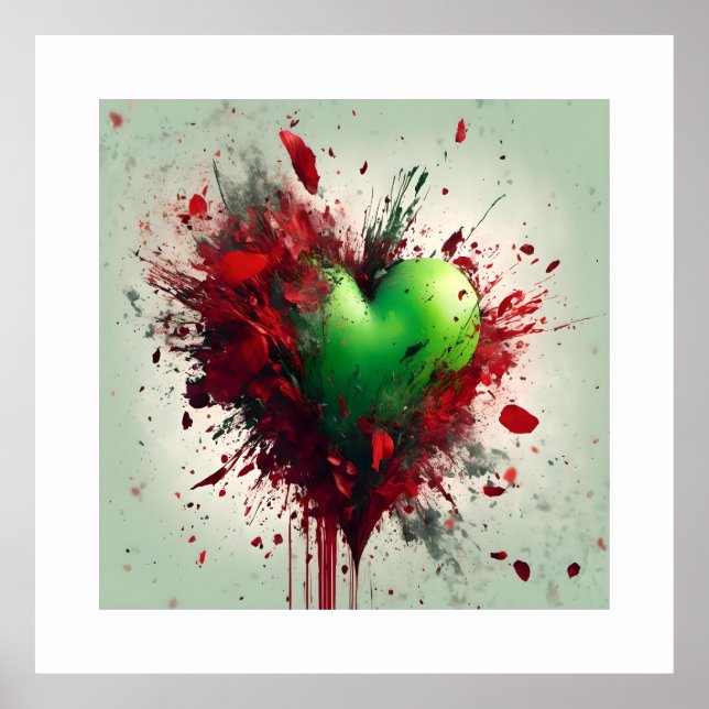Vibrant Green Heart With Scattered Red Petals Poster (Front)