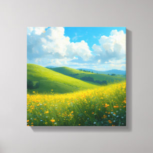 Vibrant Green Hills & Yellow Flowers Landscape Ar Canvas Print