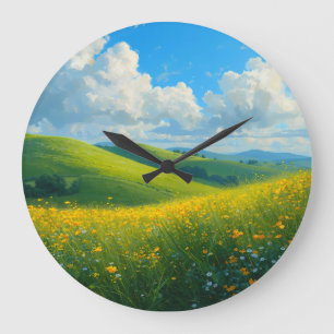 Vibrant Green Hills & Yellow Flowers Landscape Ar Large Clock