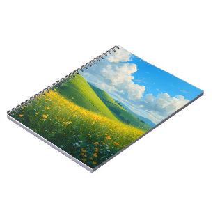 Vibrant Green Hills & Yellow Flowers Landscape Ar Notebook