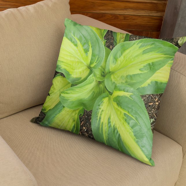 Vibrant Green Hosta Monogramed Throw Pillow (Hosta Leaves Throw Pillow)