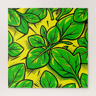 Vibrant Green Leaves Pop Art Pattern Jigsaw Puzzle