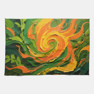 Vibrant Green Orange Swirl Kitchen Towel