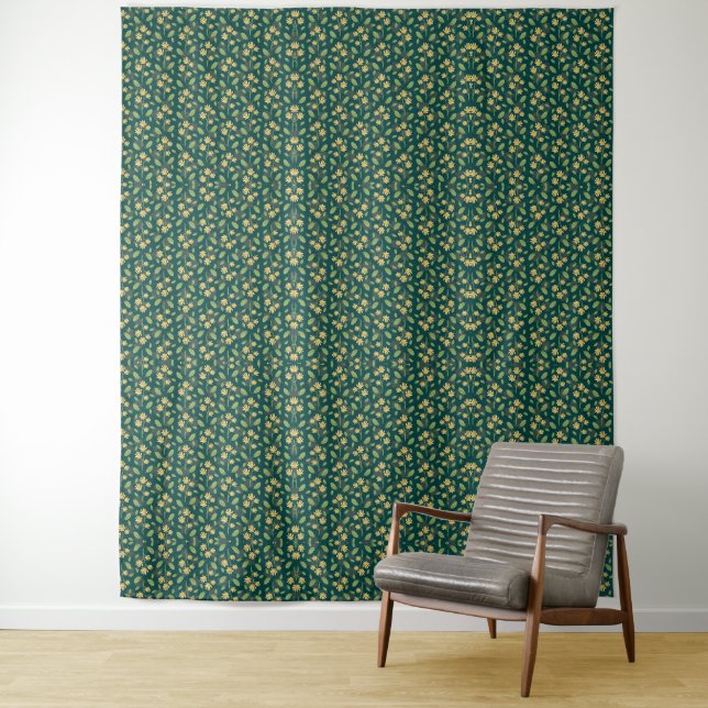 Vibrant Green Pattern with Yellow Flowers & Leaves Tapestry (In Situ)