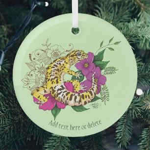 Vibrant Green Playful Leopard Gecko Floral Glass Ornament