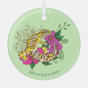 Vibrant Green Playful Leopard Gecko Floral Glass Ornament