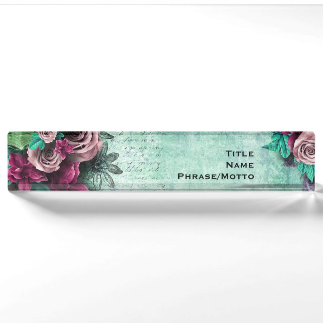 Vibrant Green & Purple Roses 3D vintage script Nameplate (Front)
