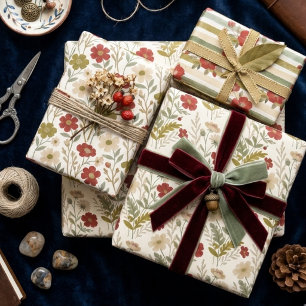 Vibrant Green & Red Wildflowers Watercolor TMF26 Wrapping Paper Sheet