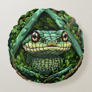 Vibrant Green Snake Among Thick Leaves Round Pillow