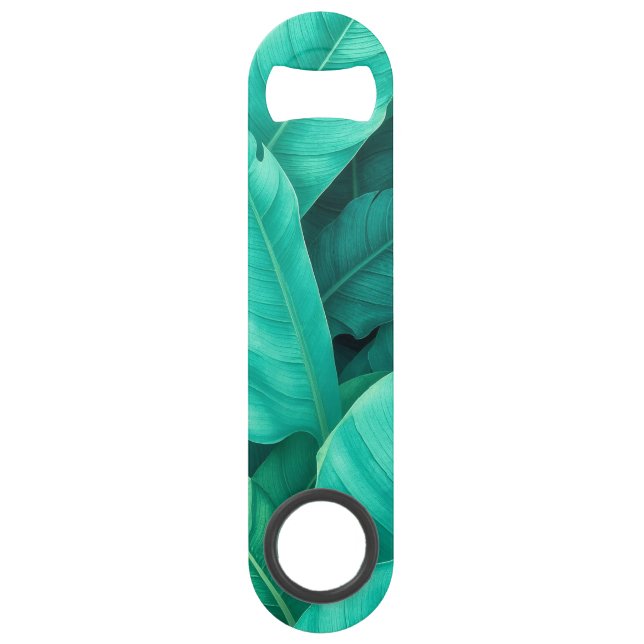 Vibrant Green Tropical Banana Leaves Pattern Bar Key (Front)