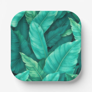 Vibrant Green Tropical Banana Leaves Pattern Paper Plate