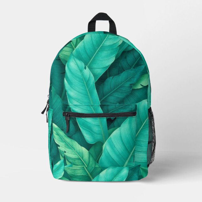 Vibrant Green Tropical Banana Leaves Pattern Printed Backpack (Front)