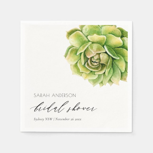 VIBRANT GREEN WATERCOLOR SUCCULENT BRIDAL SHOWER NAPKIN (Front)
