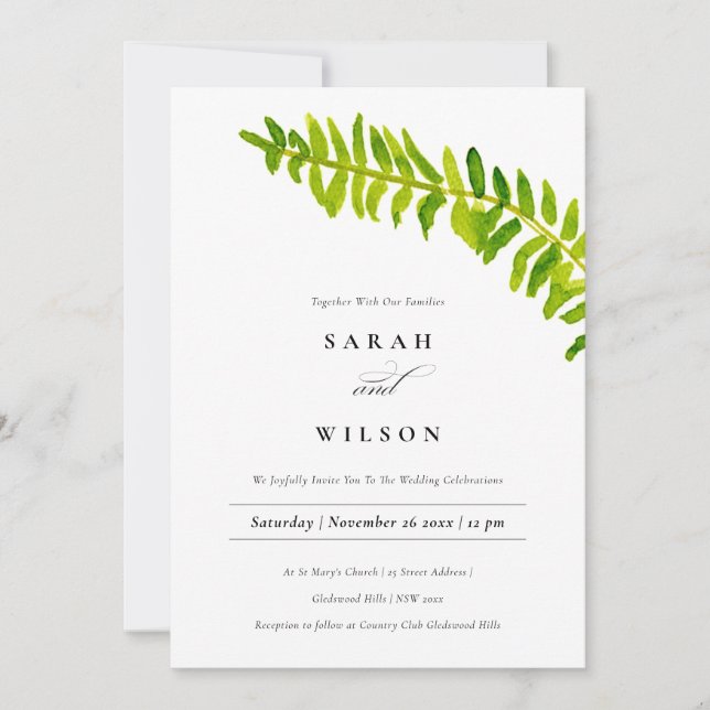 VIBRANT GREEN WATERCOLOUR FERN FOLIAGE WEDDING INVITATION (Front)