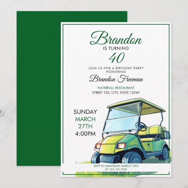 Vibrant Green & White Golf Cart 40th Birthday Invitation (Front/Back)