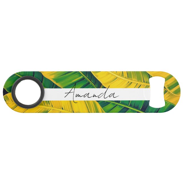 Vibrant Green & Yellow Banana Leaf Pattern Bar Key (Front (Horizontal))