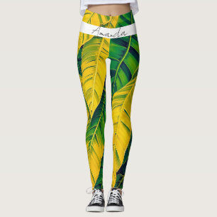 Vibrant Green & Yellow Banana Leaf Pattern Leggings