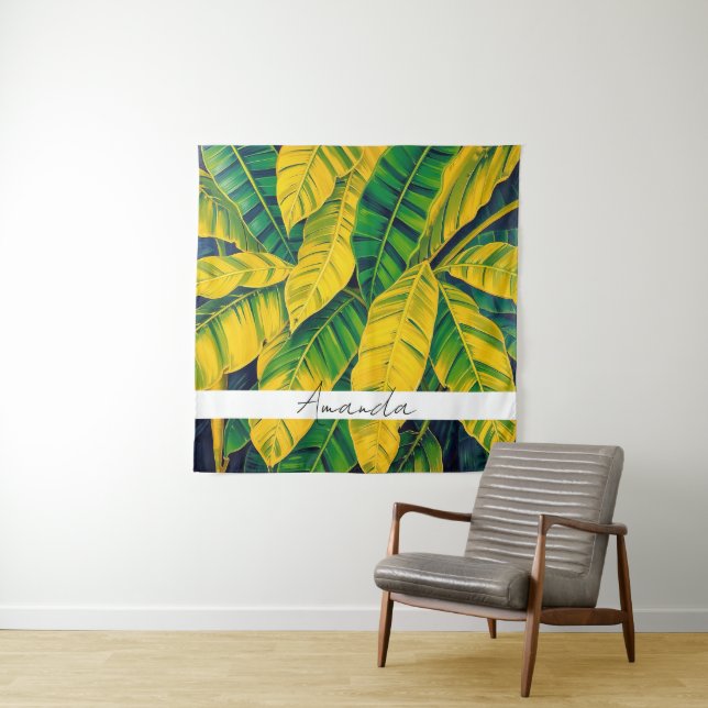 Vibrant Green & Yellow Banana Leaf Pattern Tapestry (In Situ)