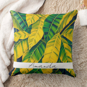 Vibrant Green & Yellow Banana Leaf Pattern Throw Pillow