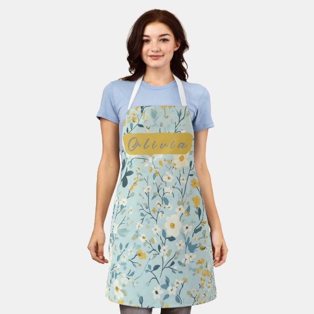 Vibrant green yellow blue white flowers apron (Worn)