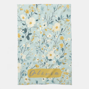Vibrant green yellow blue white flowers kitchen towel