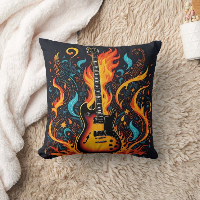 Vibrant guitar engulfed in flames and swirls throw pillow (Blanket)