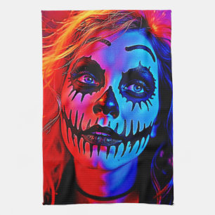 Vibrant Halloween Makeup Art Kitchen Towel