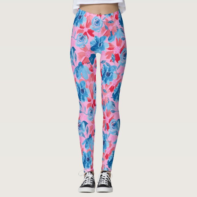 Vibrant Hand-Painted Flower Design Red Blue Leggings (Front)