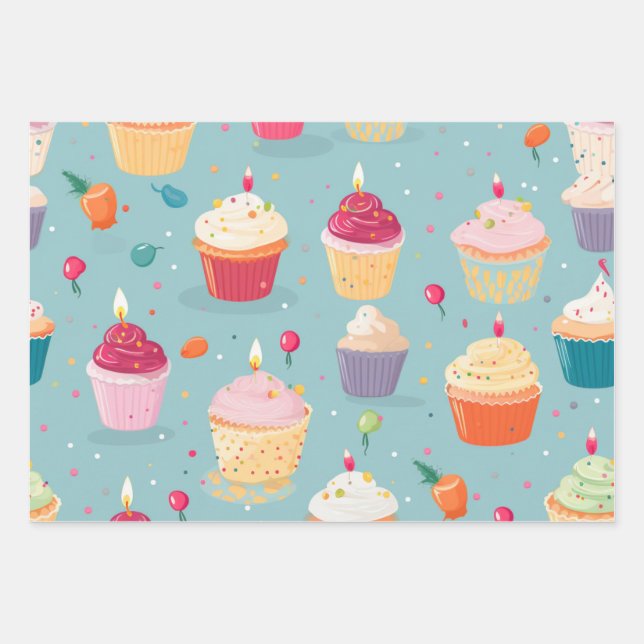 Vibrant Happy Birthday Cupcakes Pattern Wrapping Paper Sheet (Front)