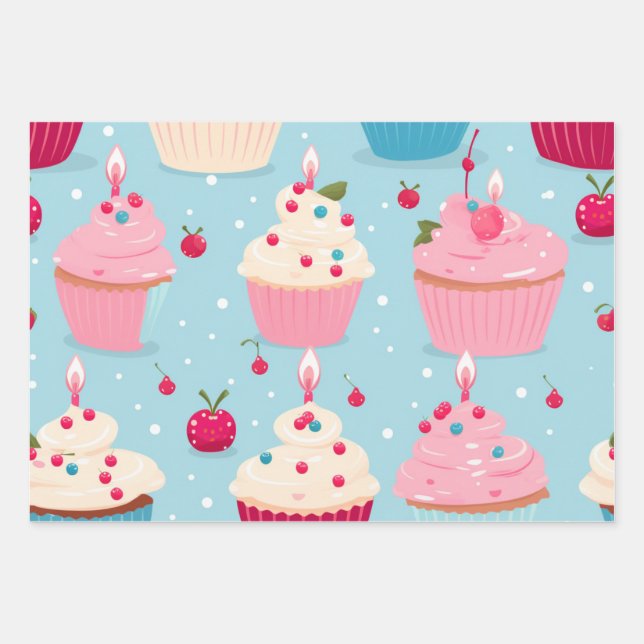 Vibrant Happy Birthday Cupcakes Pattern Wrapping Paper Sheet (Front)