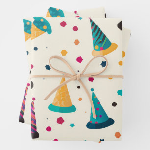 Vibrant Happy Birthday Party Hats Pattern Wrapping Paper Sheet