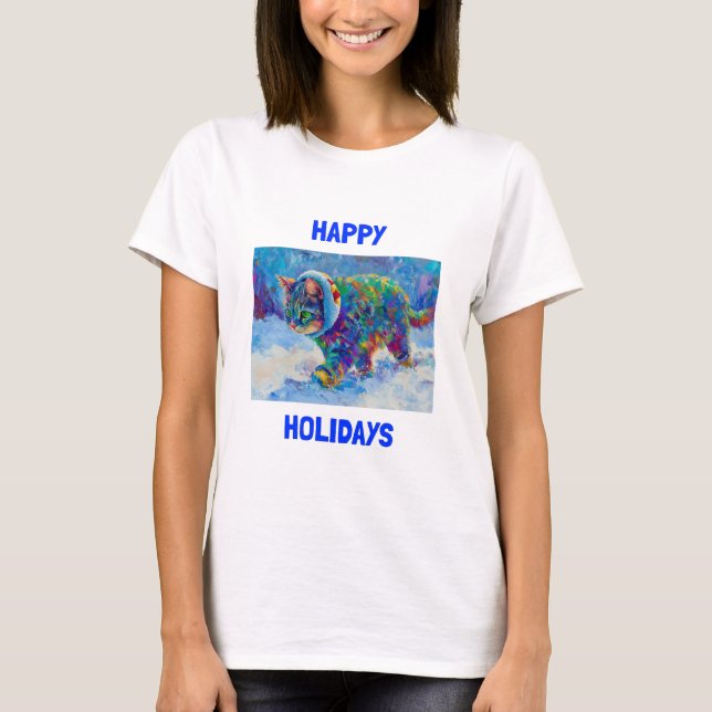 Vibrant Happy Holidays Cat Celebration Tee (Front)