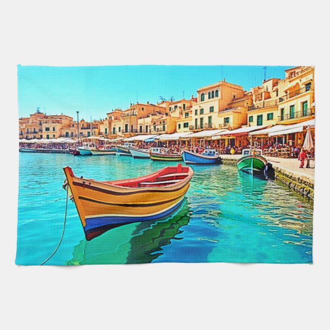 Vibrant Harbour: Mediterranean Bliss Kitchen Towel (Horizontal)
