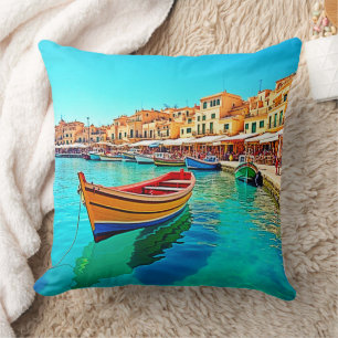 Vibrant Harbour: Mediterranean Bliss Throw Pillow