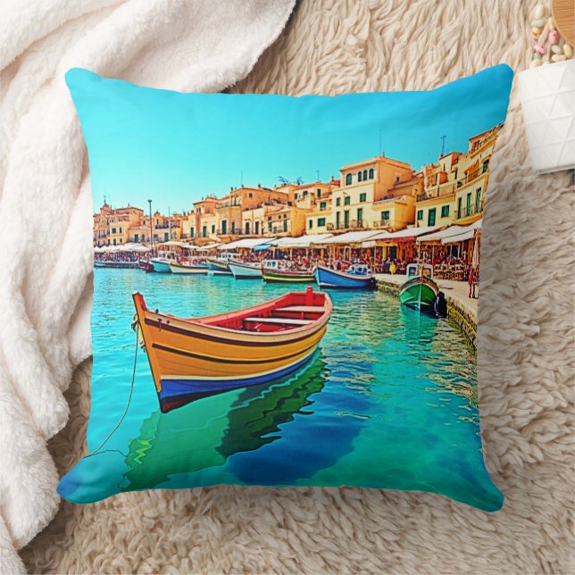 Vibrant Harbour: Mediterranean Bliss Throw Pillow (Blanket)