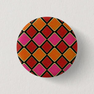 Vibrant Harlequin Diamond Pattern in Red, Orange, 1 Inch Round Button