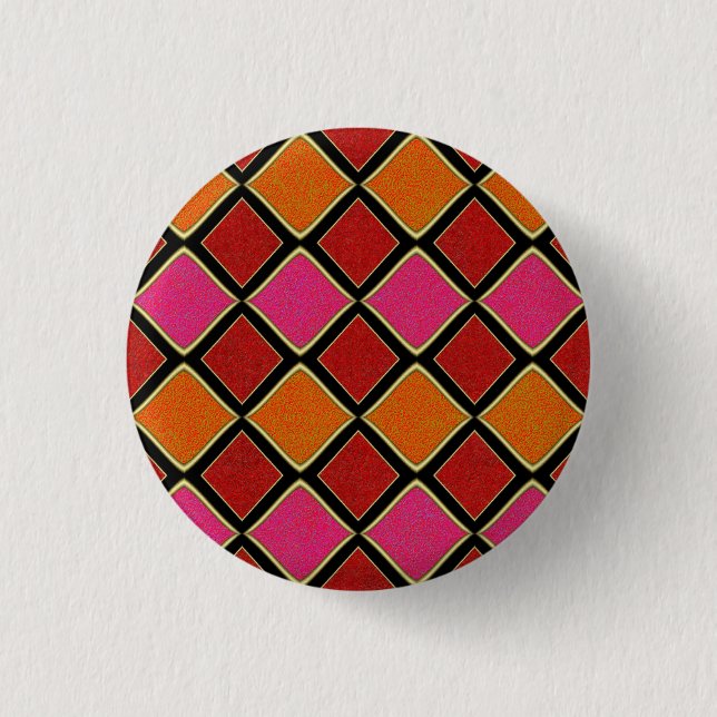 Vibrant Harlequin Diamond Pattern in Red, Orange,  1 Inch Round Button (Front)