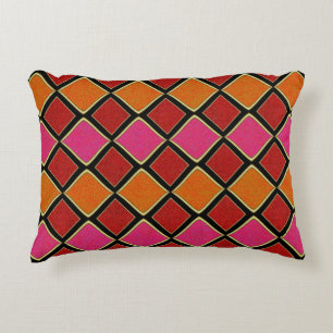 Vibrant Harlequin Diamond Pattern in Red, Orange, Accent Pillow