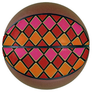 Vibrant Harlequin Diamond Pattern in Red, Orange,  Basketball