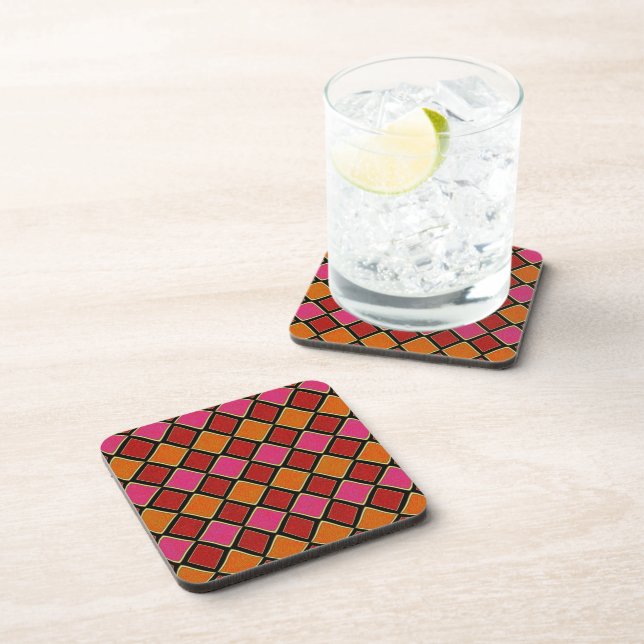 Vibrant Harlequin Diamond Pattern in Red, Orange,  Coaster (Right Side)