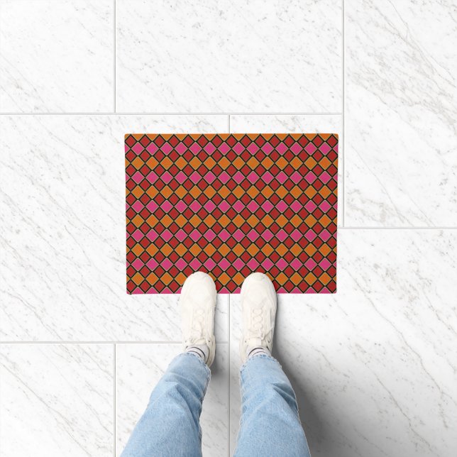 Vibrant Harlequin Diamond Pattern in Red, Orange,  Doormat (Indoor)