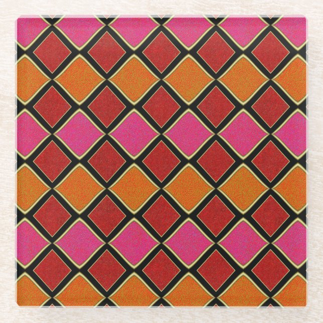 Vibrant Harlequin Diamond Pattern in Red, Orange,  Glass Coaster (Front)