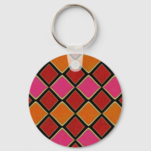 Vibrant Harlequin Diamond Pattern in Red, Orange, Keychain